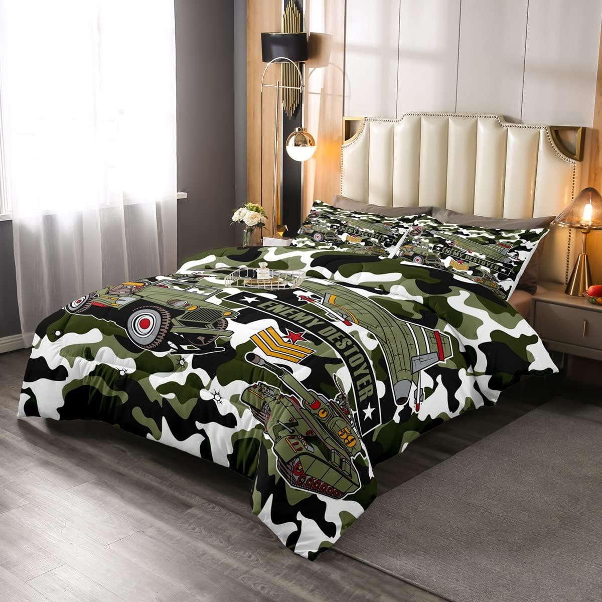 Veteran Bedding Set Enemy Destroyer Tank Camoflage Pattern Duvet Covers Green