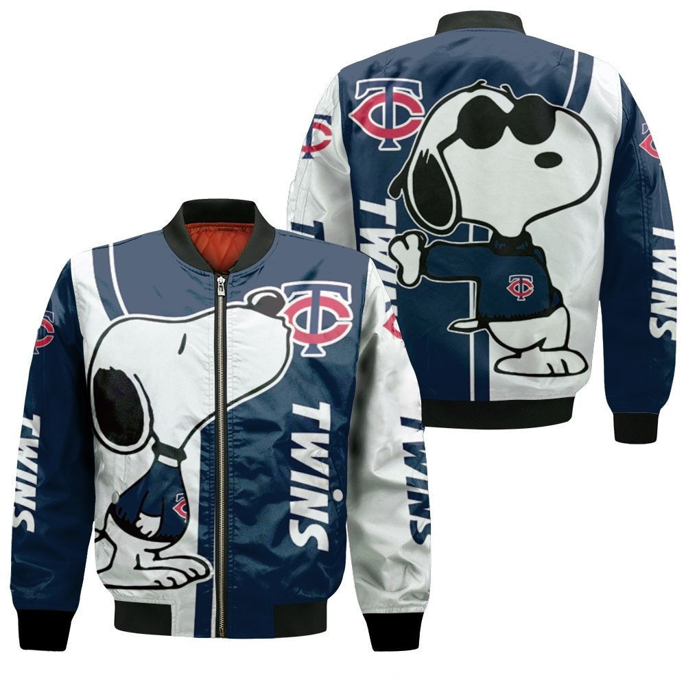 Minnesota Twins Snoopy White Navy Blue Bomber Jacket