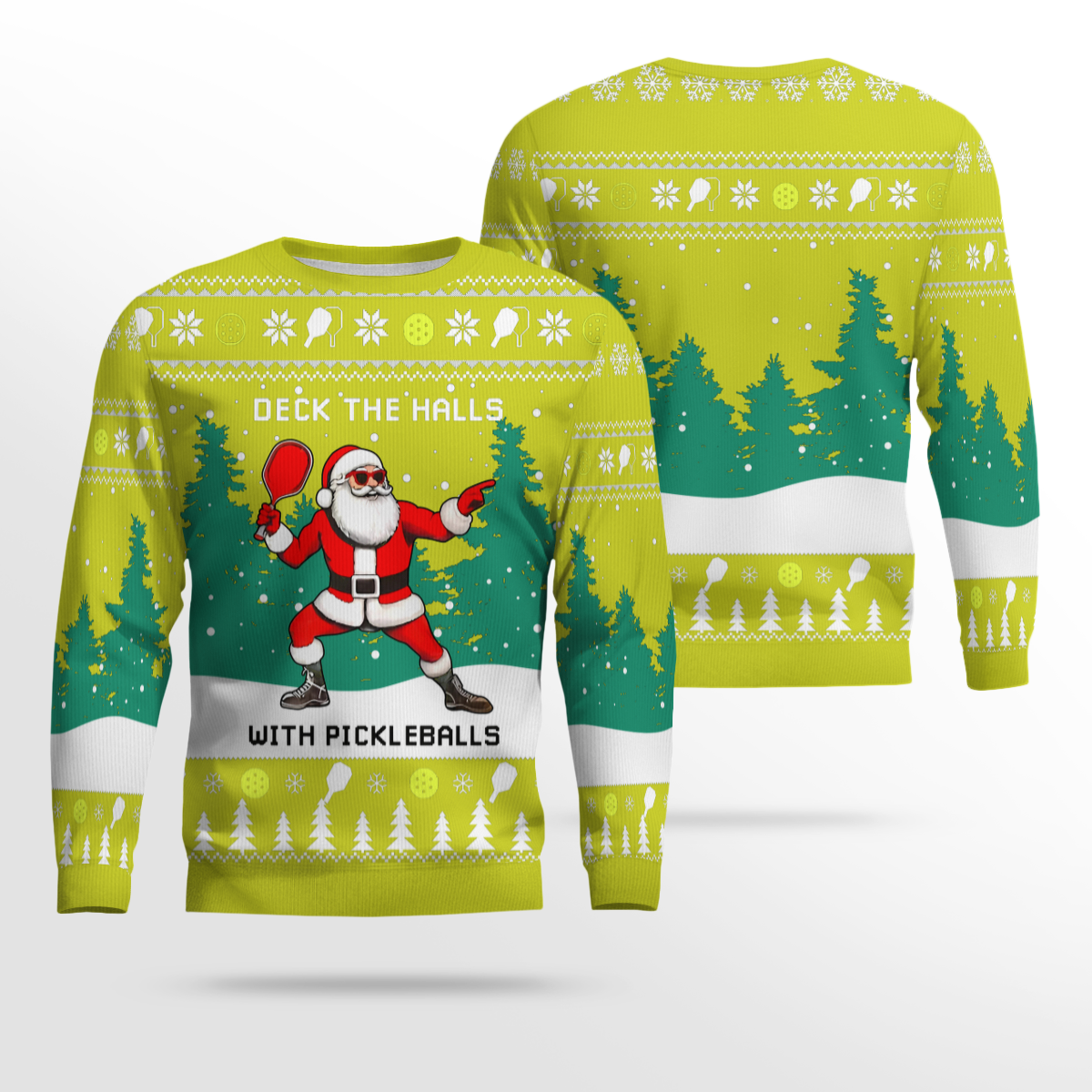 Funny Deck The Hall Pickleball Santa Ugly Christmas Sweater Yellow