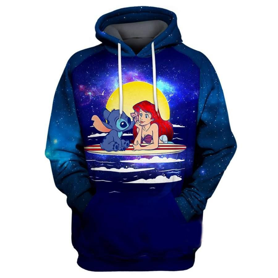 Cartoon Characters Fan Gift, Stitch And Ariel Mermaid Princess All Over Print Hoodie