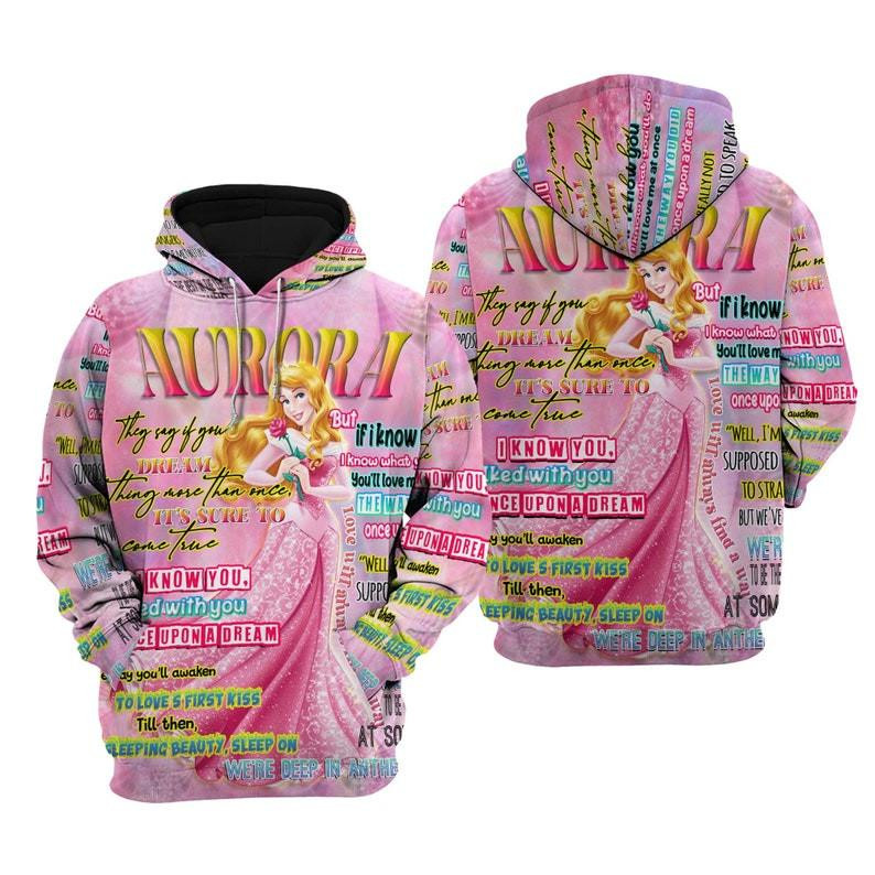 Cartoon Aurora Princess, Sleeping Beauty Aurora Punk Words Pattern All Over Print Hoodie, Zip Hoodie