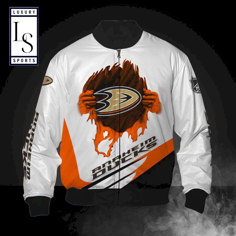 Anaheim Ducks White Orange Logo Pulling Hand Bomber Jacket