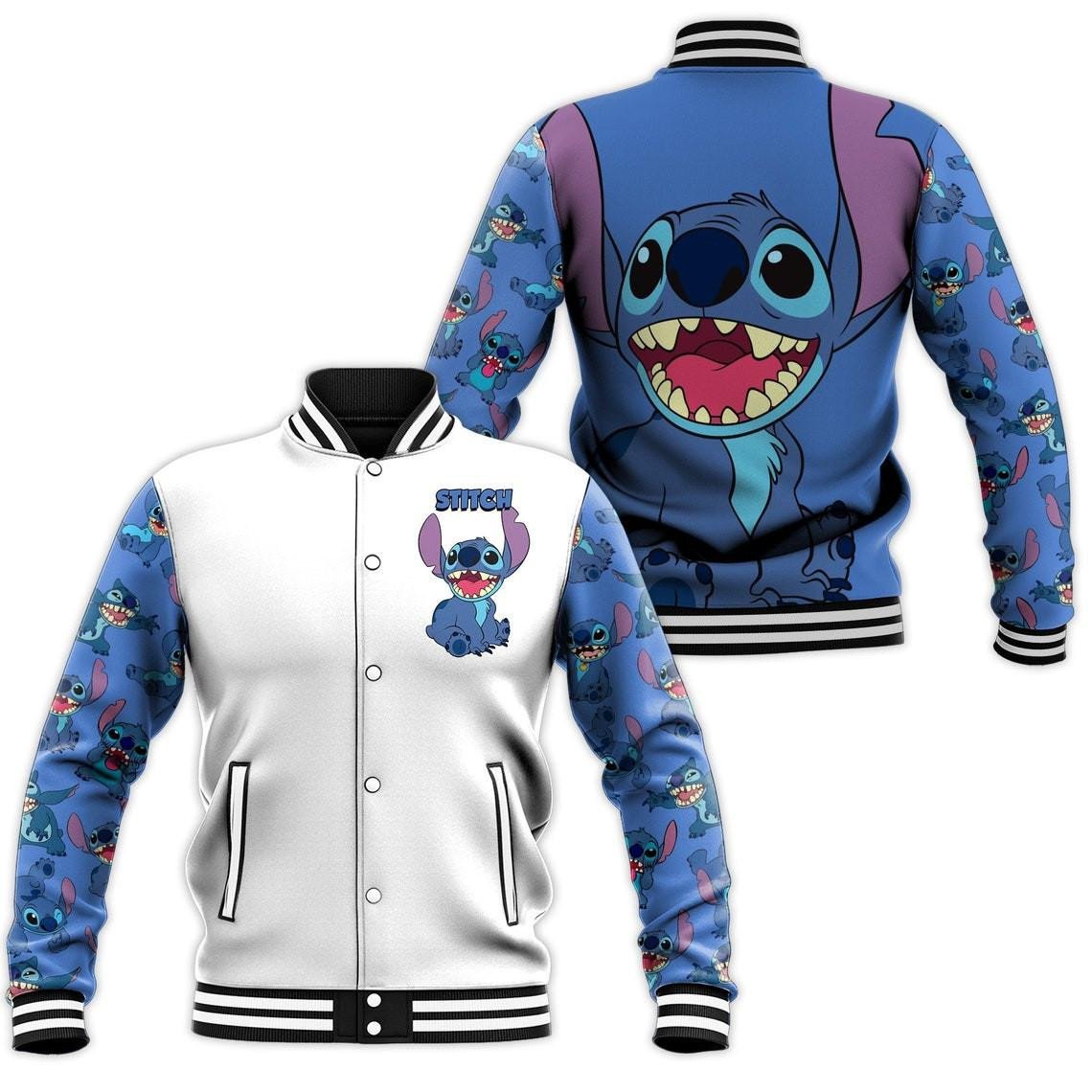 Stitch Pattern White Blue Disney Unisex Cartoon Graphic Casual Outfits Gift Lover Baseball Jacket