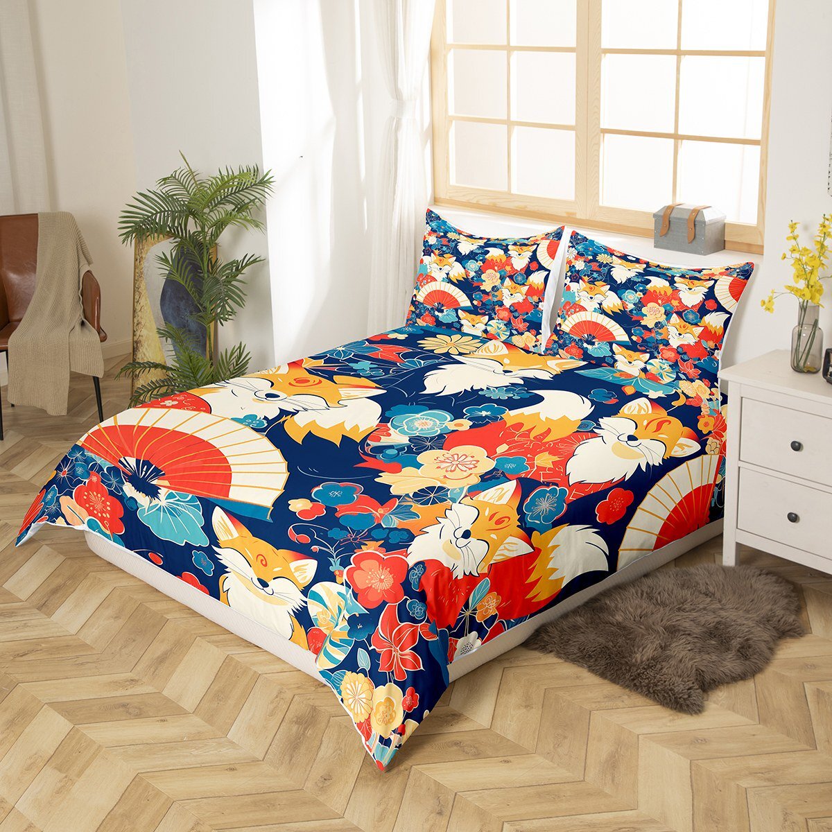 Japan Bedding Set Japanese Cherry Blossoms Fox Pattern Duvet Covers