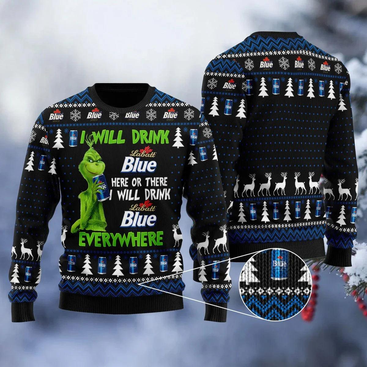 Labatt Blue Grinch Will Drink Everywhere Ugly Christmas Sweater