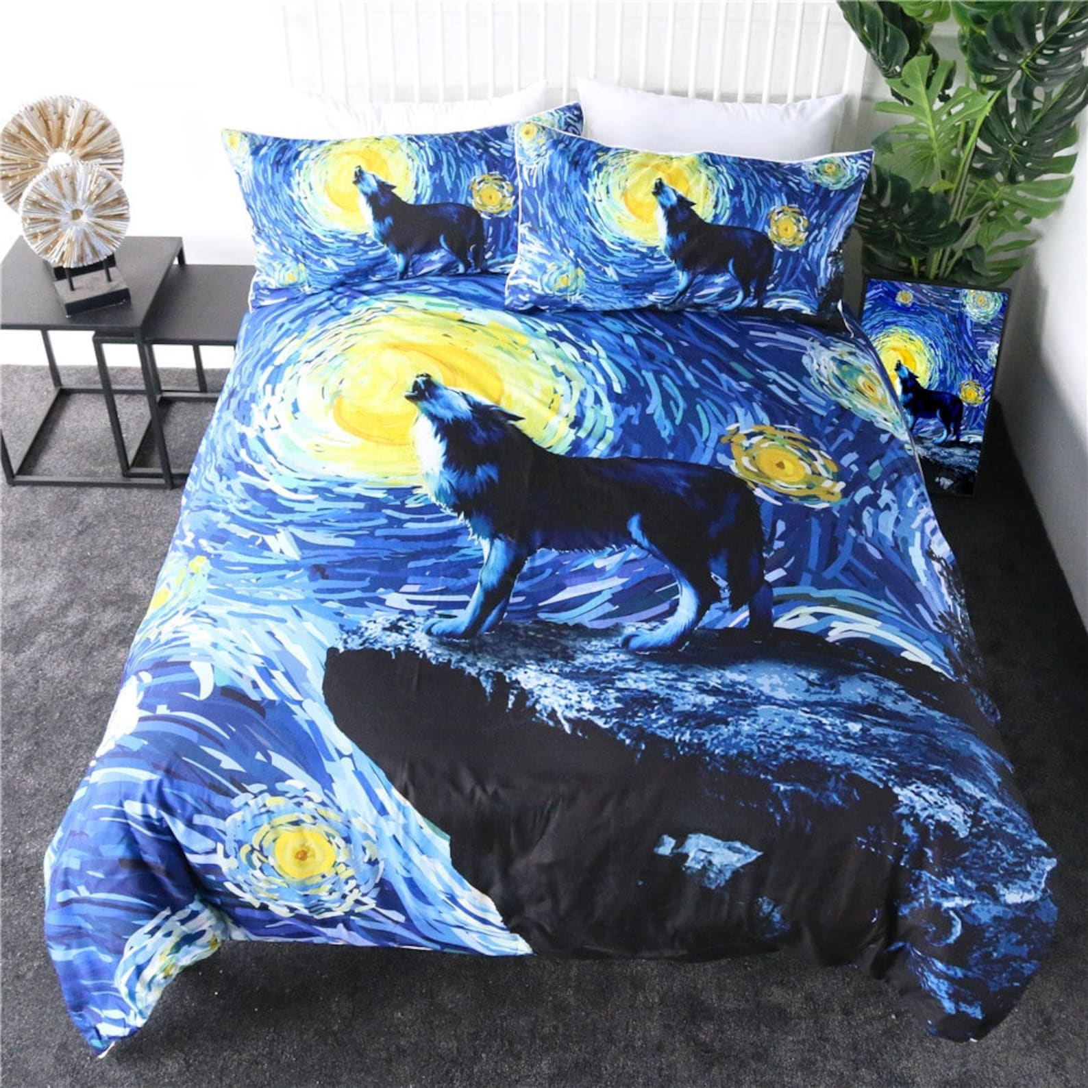Wolf Bedding Set Starry Night Howling Wolf Duvet Covers Blue