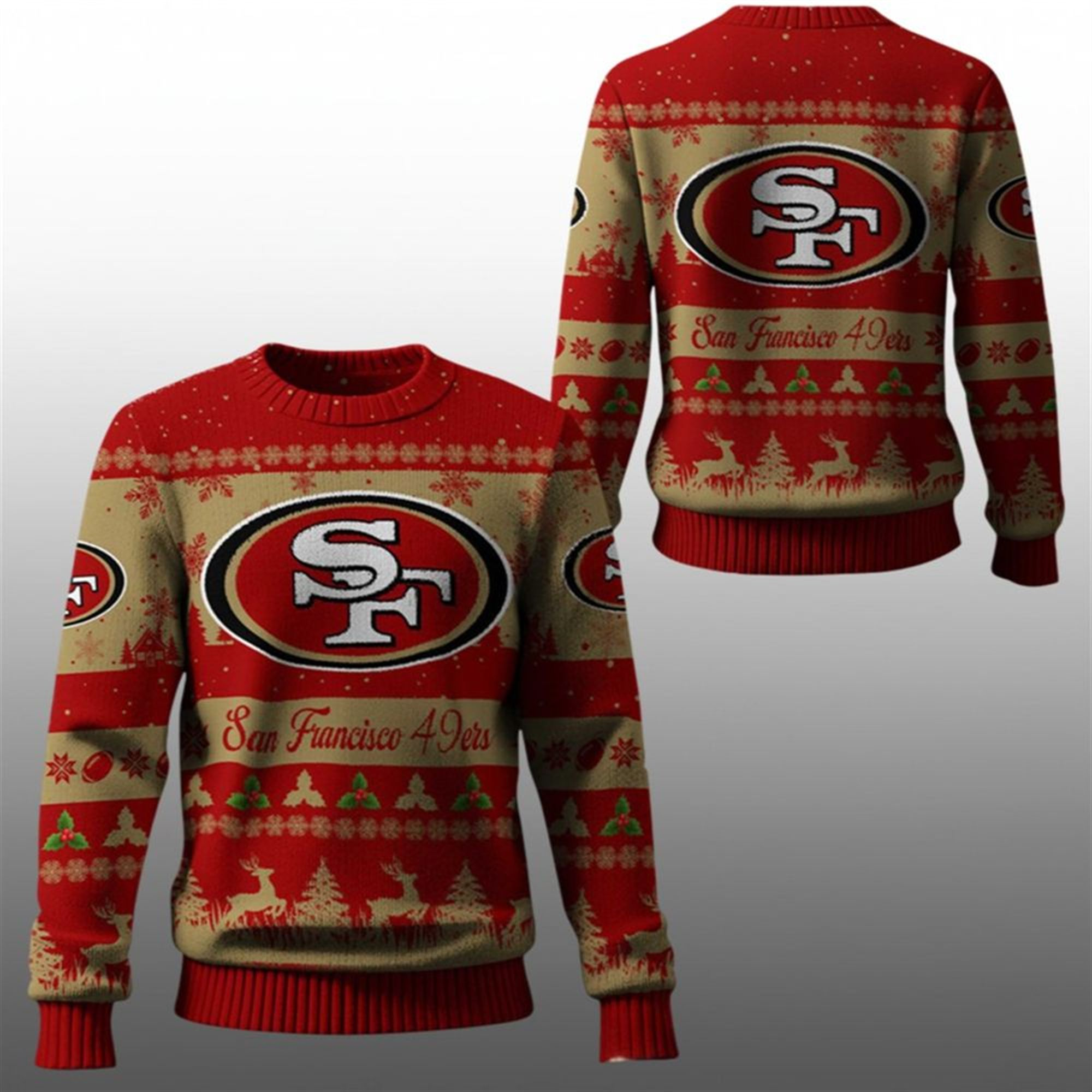 2025 Christmas SF 49ers Festive Reindeer Tree Ugly Sweater