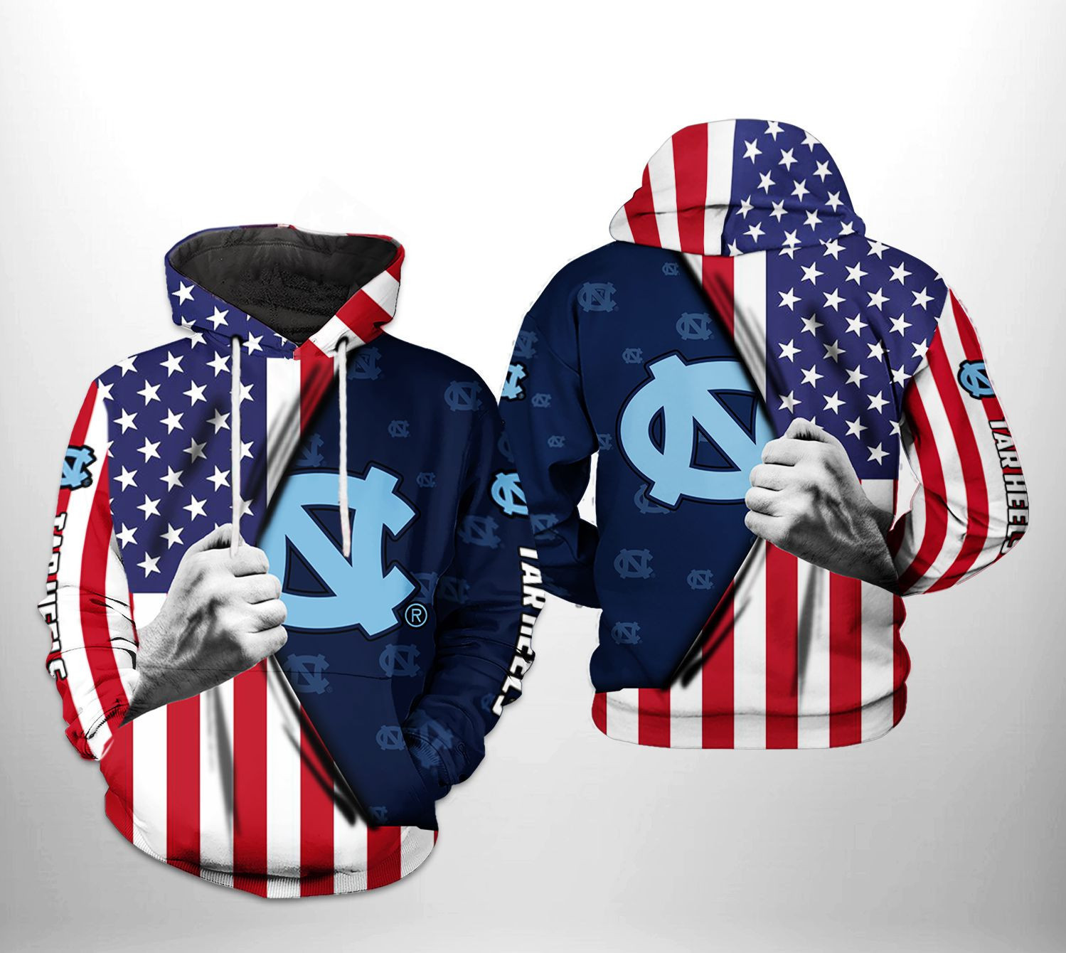 North Carolina Tar Heels US Flag 3D All Over Print Hoodie & Zip Hoodie