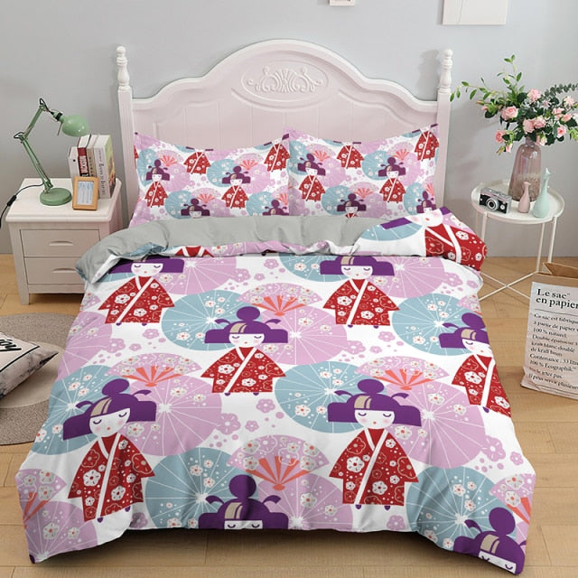 Japan Bedding Set Japanese Kokeshi Doll Umbrella Pattern Duvet Covers