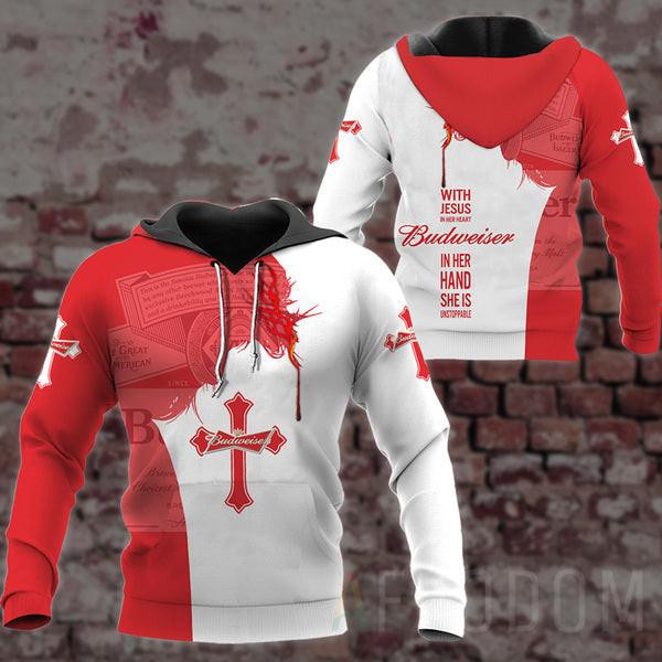 Budweiser Lover Gift, With Jesus In Her Heart Budweiser In Her Hand She Is Unstopable All Over Print Hoodie, Zip Hoodie 22