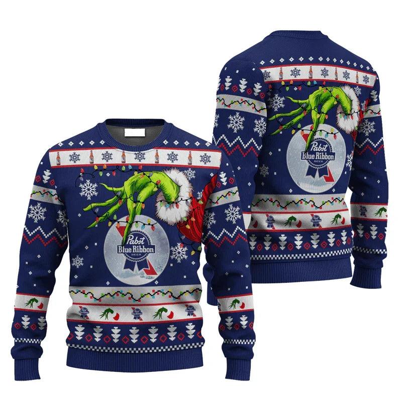 Pabst Blue Ribbon Grinch Hand Stock Ugly Christmas Sweater