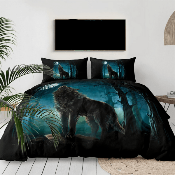 Wolf Bedding Set Lonely Wolf In The Forest Duvet Covers Blue