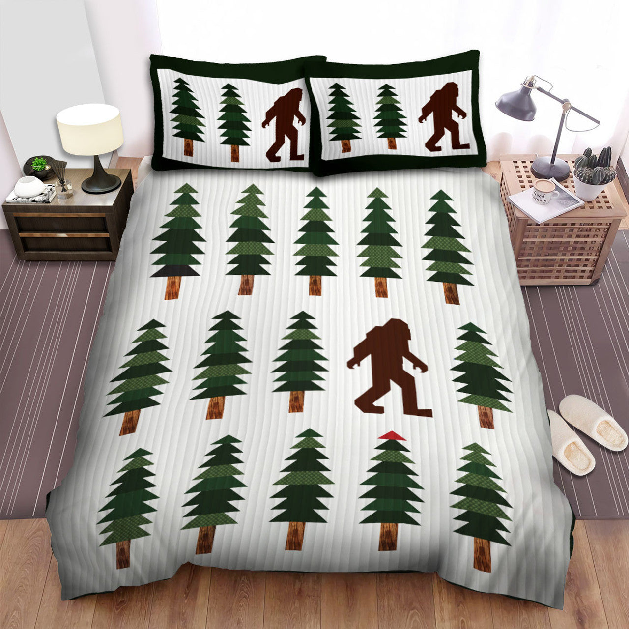 Bigfoot Bedding Set Bigfoot And Pine Tree Pattern Duvet Covers White
