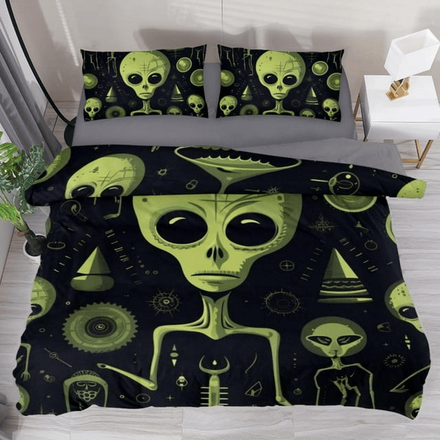 Alien Bedding Set Weird Alien And Science Pattern Duvet Covers Black