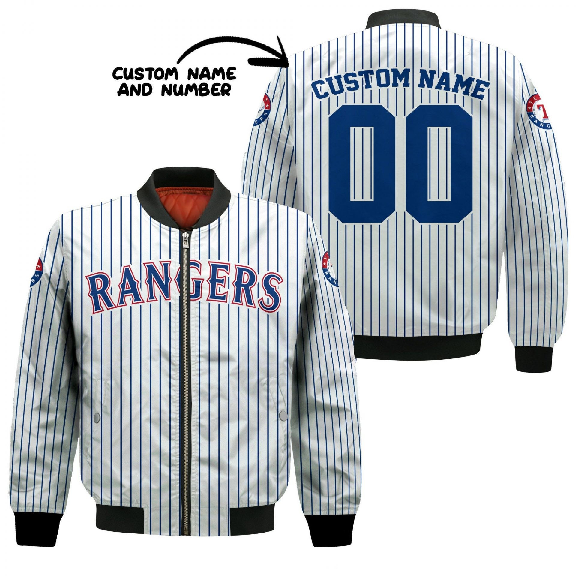 Texas Rangers Custom Name Number Uniform Stripes Bomber Jacket