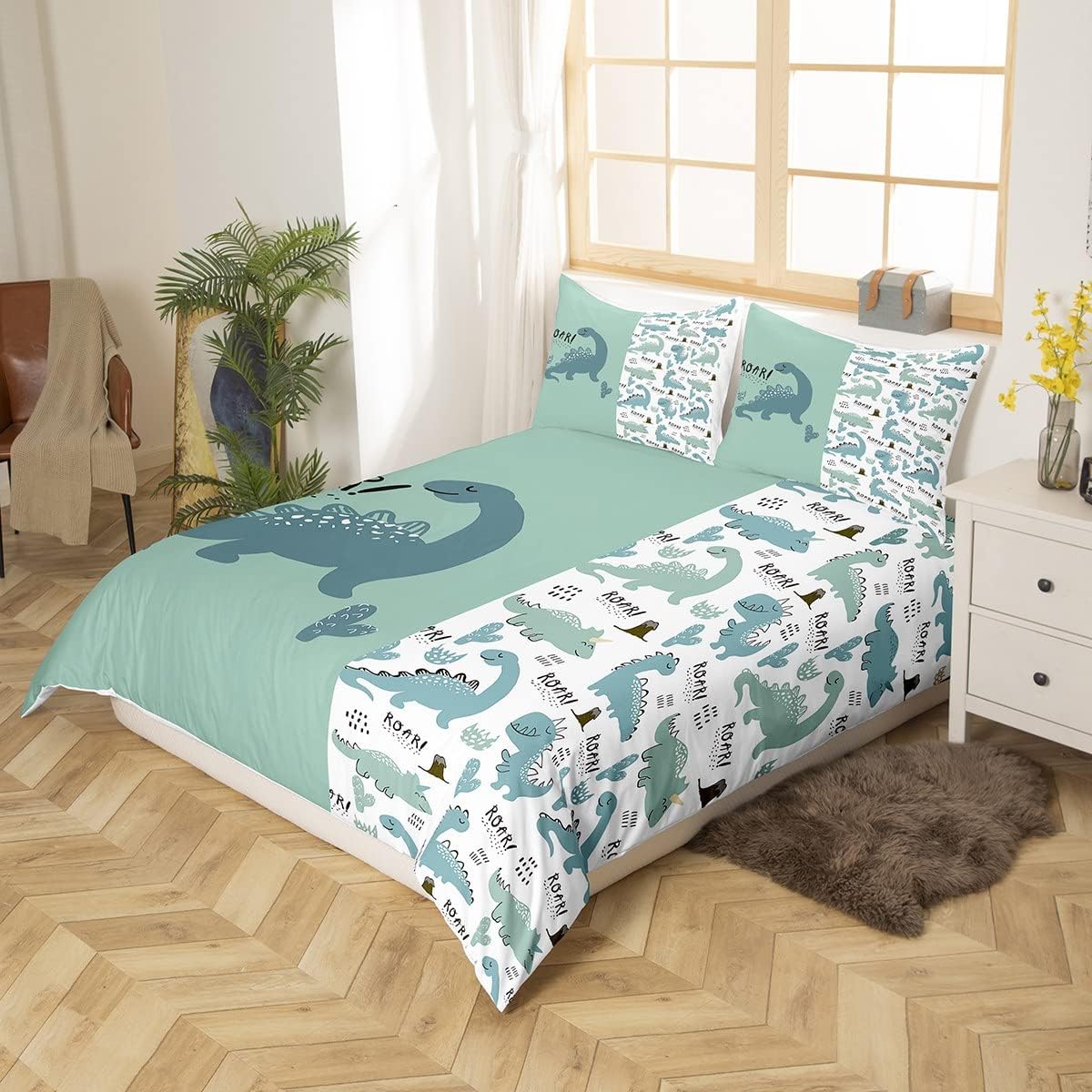 Dinosaur Bedding Set Cute Dino Roar Boho Cactus Duvet Covers Green