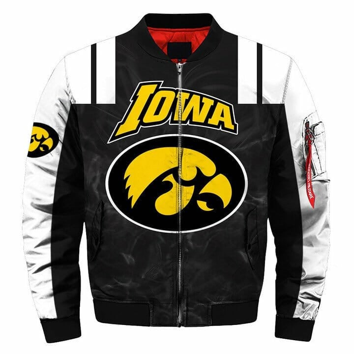 Iowa Hawkeyes Black White Mascot Bomber Jacket