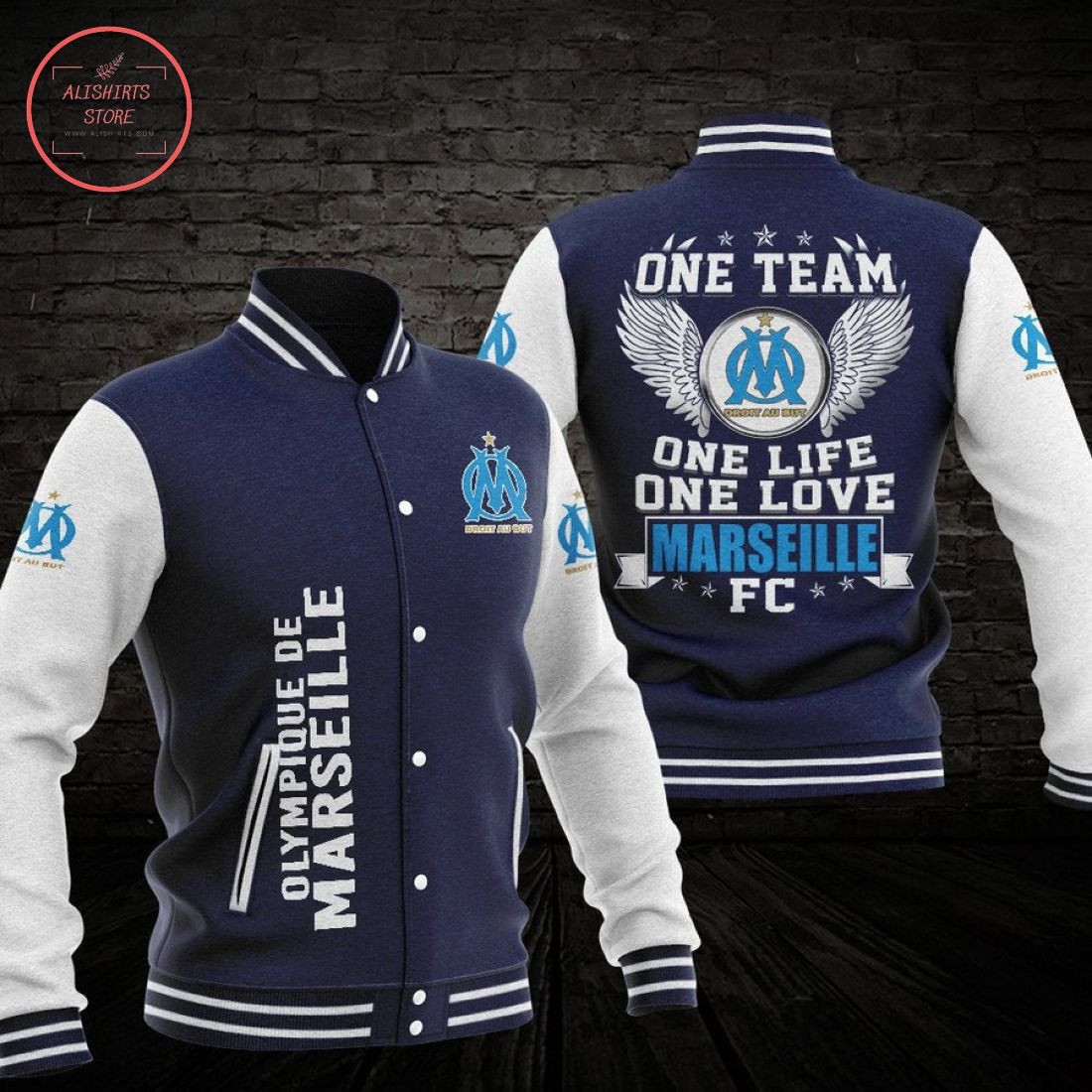 Olympique de Marseille Grey Dark Blue Baseball Jacket