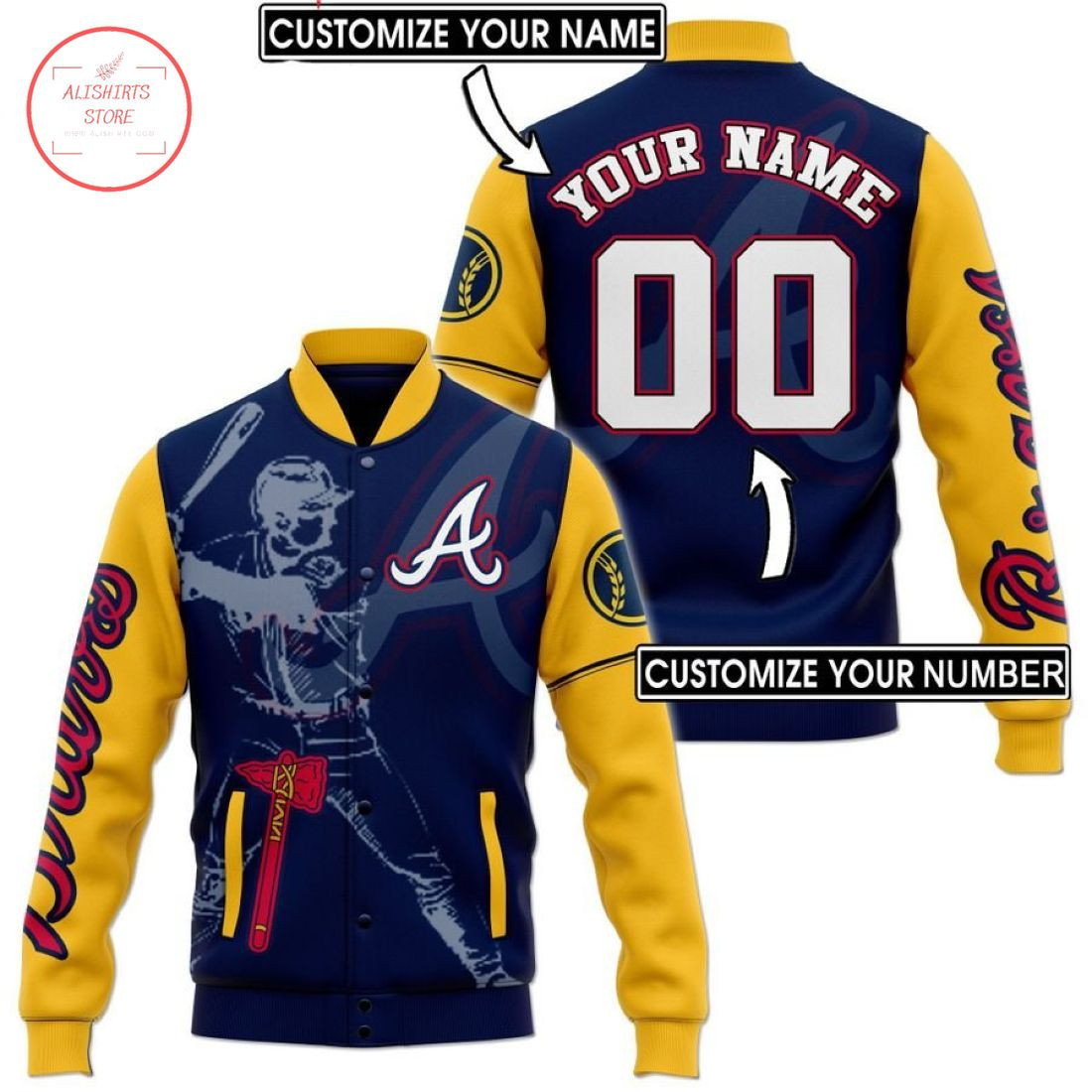 Atlanta Braves Custom Name Number Navy Yellow Baseball Jacket