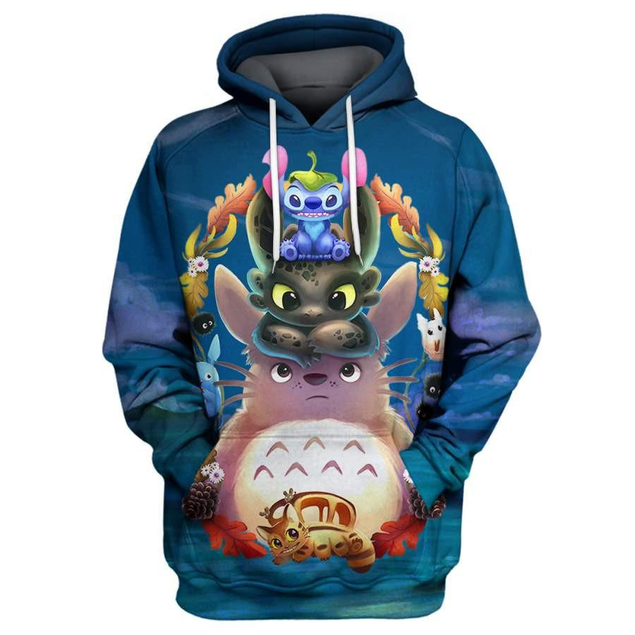 Stitch Disney, Stitch Totoro Toothless Aop Hoodie