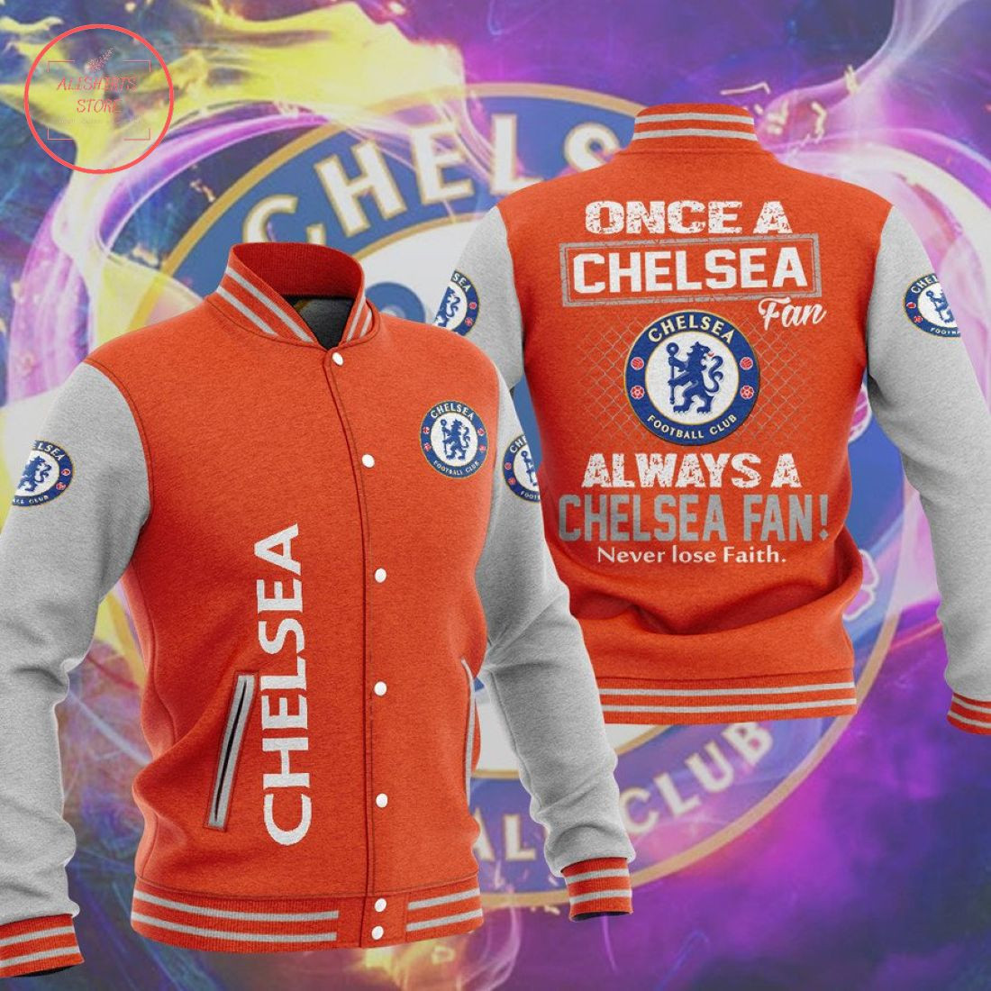 Chelsea FC Orange Never Lose Faith Baseball Jacket