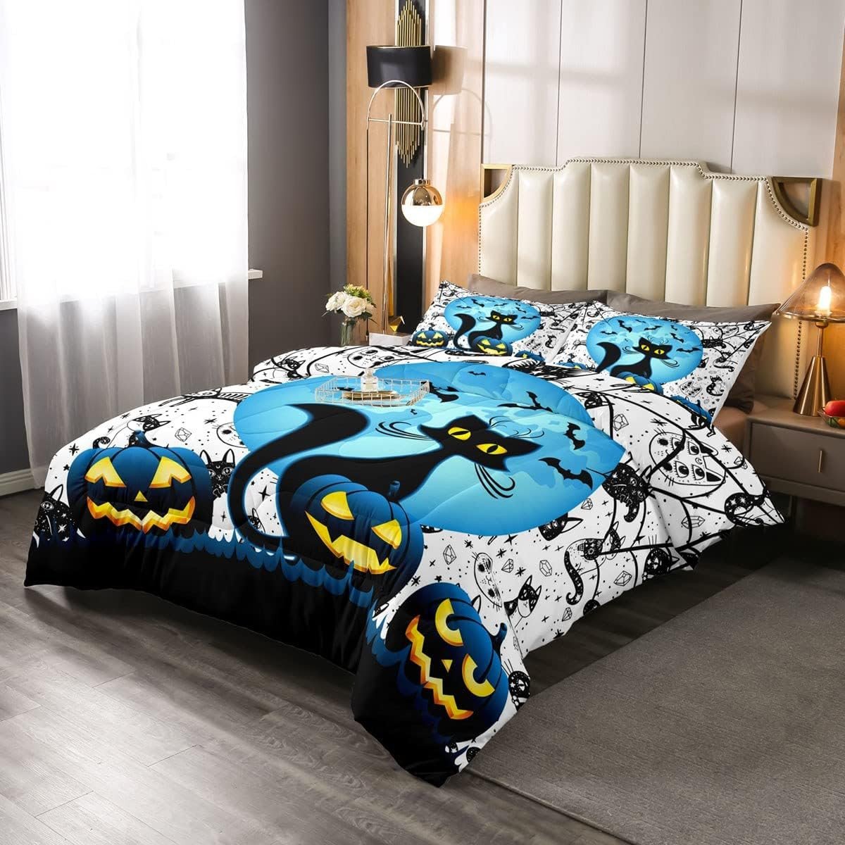 Halloween Bedding Set Enchanting Witch Cat Halloween Duvet Covers Blue