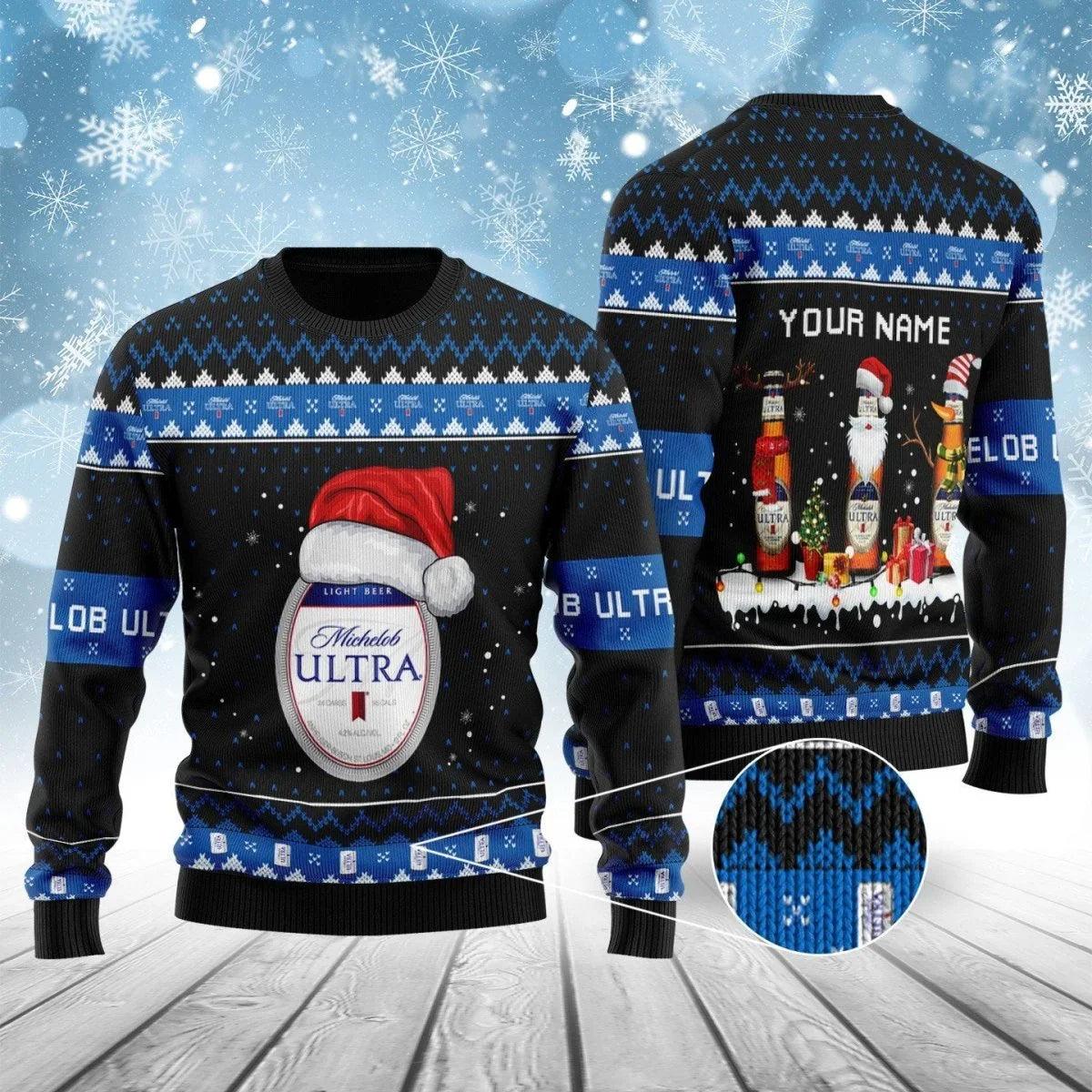 Personalized Michelob Ultra Bottle Santa Ugly Christmas Sweater