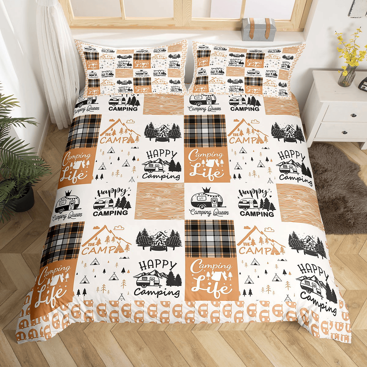 Camping Bedding Set Camping Life Happy Camping Duvet Covers White