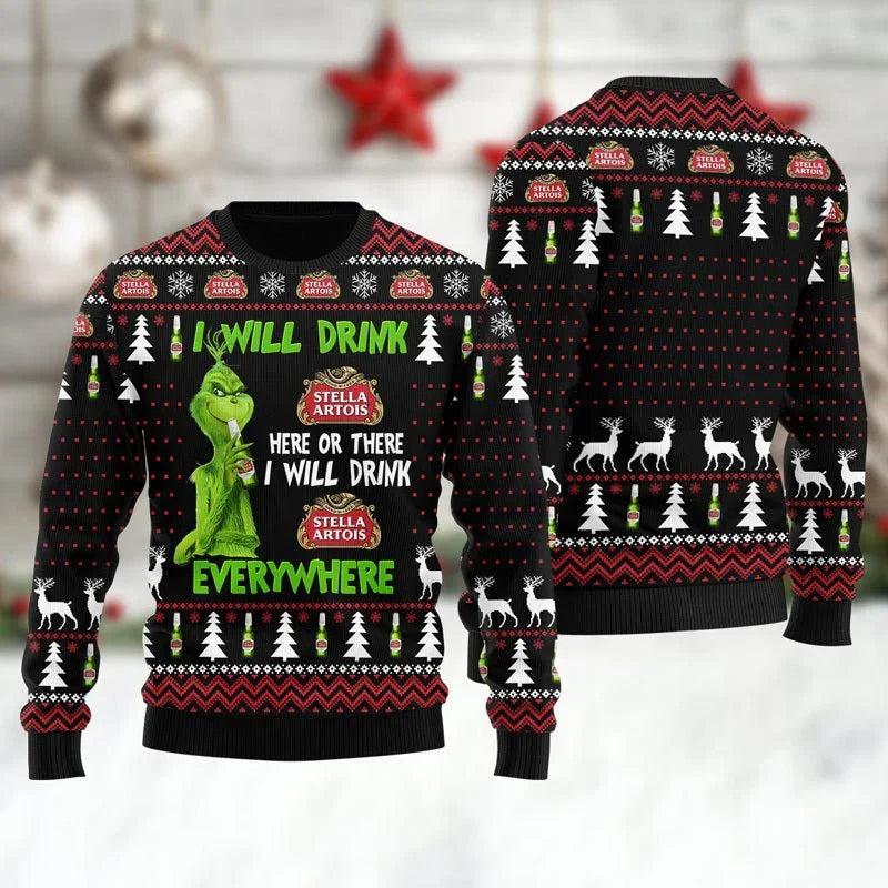 Stella Artois Will Drink Everywhere Ugly Christmas Sweater