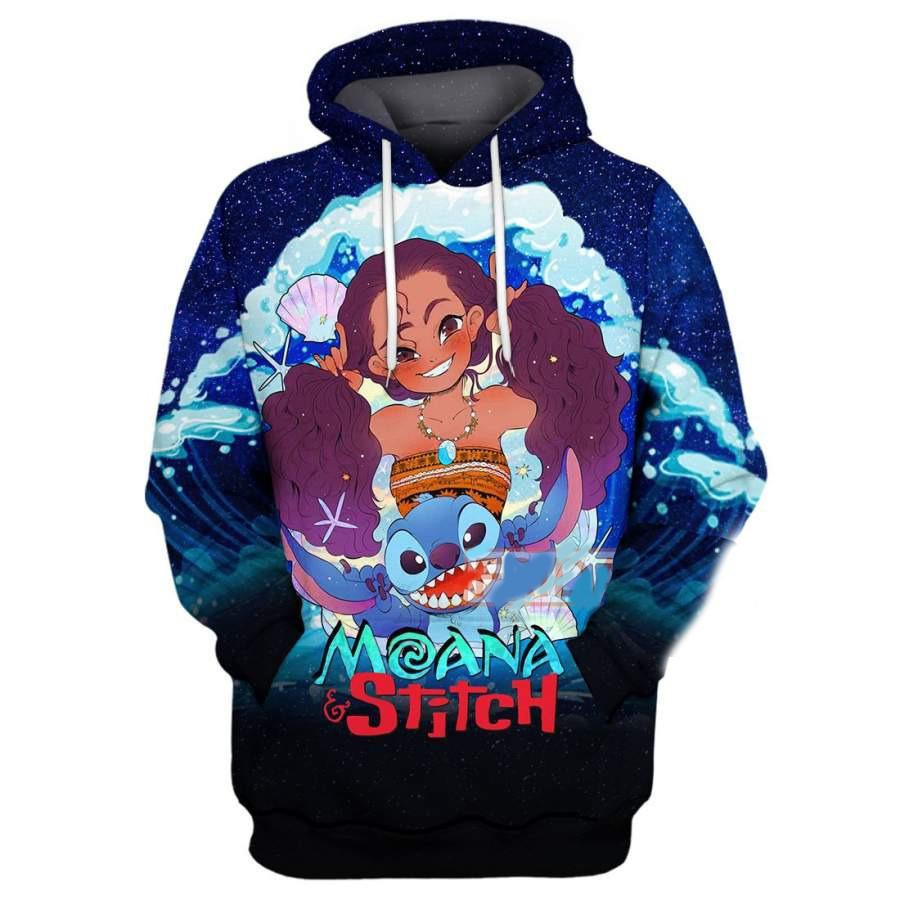 Cartoon Characters Fan Gift, Stitch And Moana Princess All Over Print Hoodie