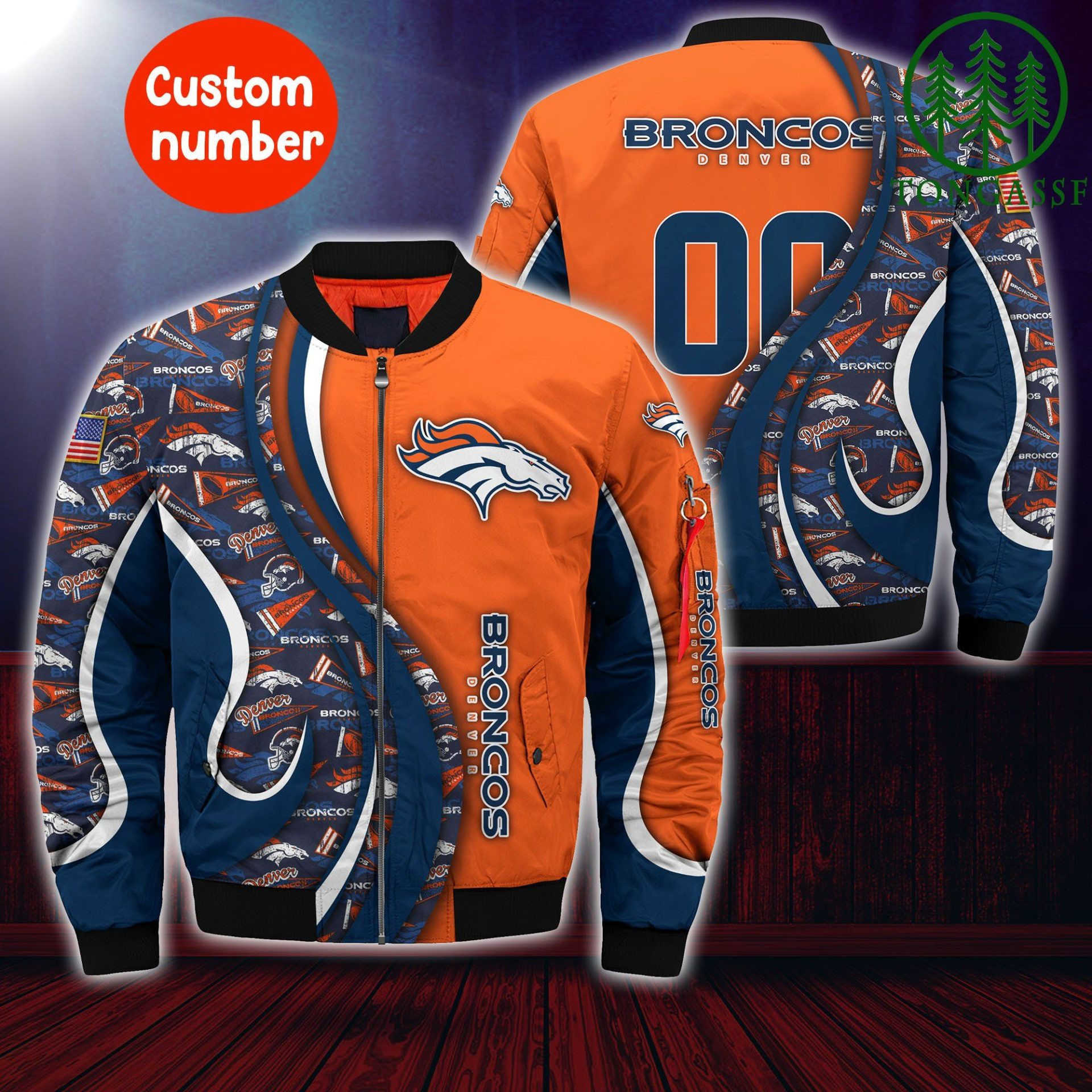 Denver Broncos Custom Number Orange Navy Blue Bomber Jacket