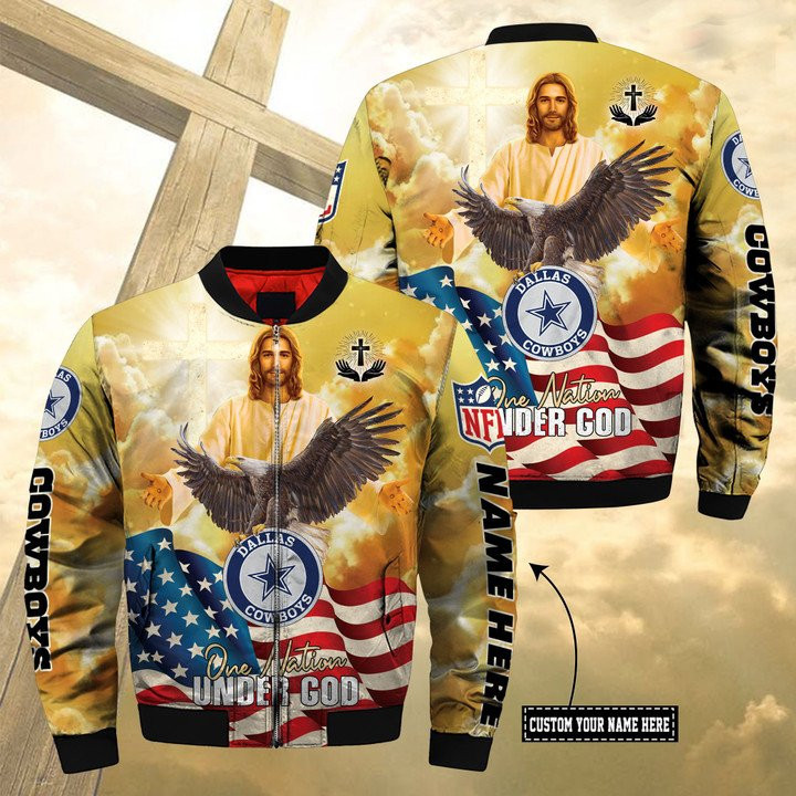 Cowboys Custom Name One Nation Under God Bomber Jacket V2
