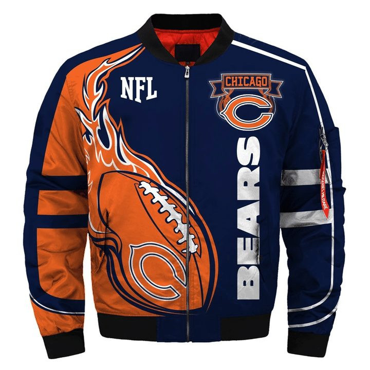 Chicago Bears Orange Fire Ball Dark Blue Bomber Jacket