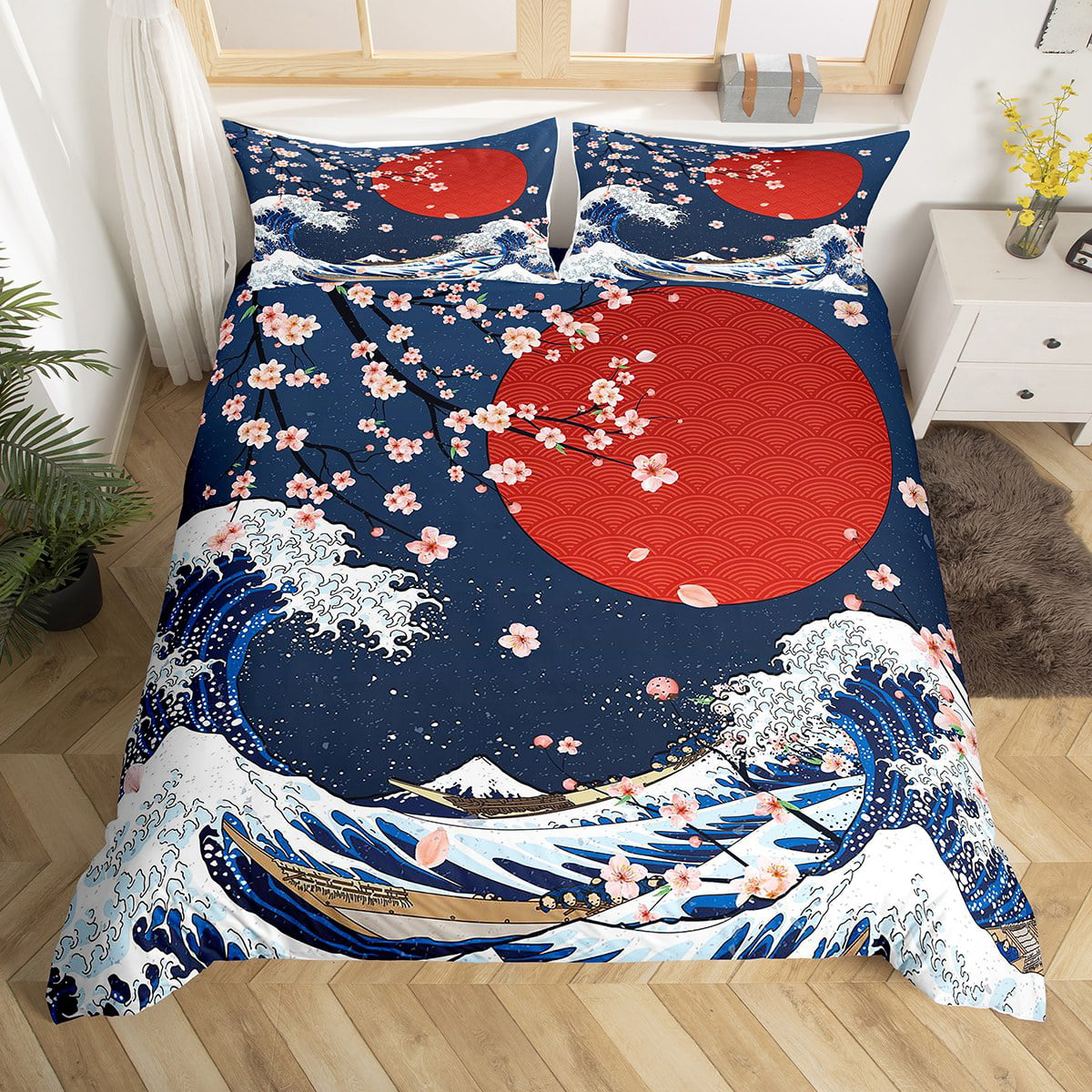 Japan Bedding Set Japanese Ukiyoe Great Wave And Cherry Blossoms Duvet Covers