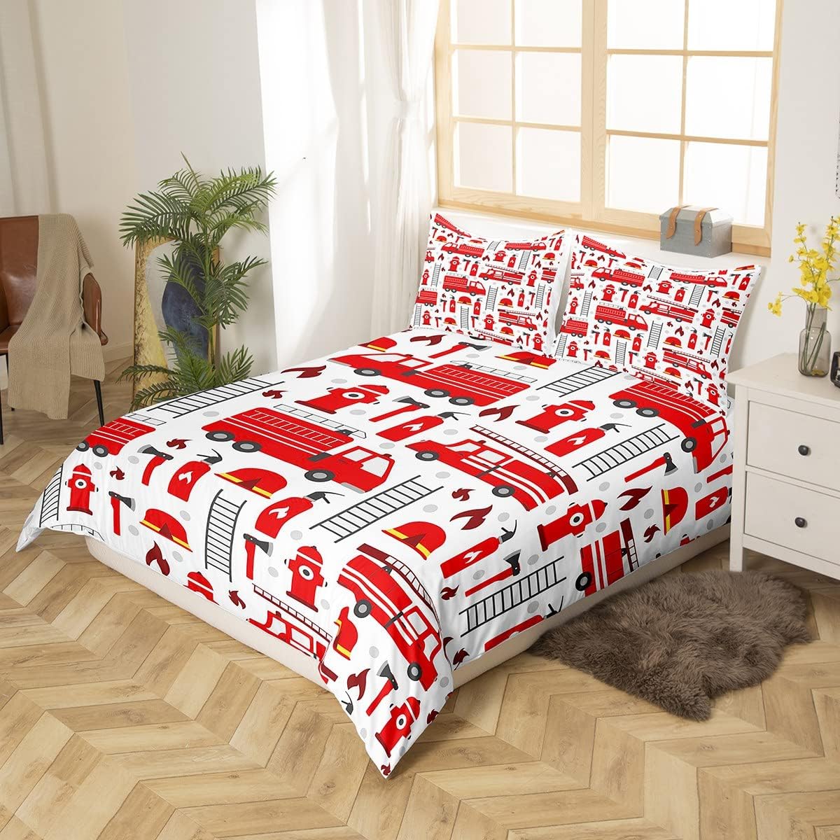 Firefighter Bedding Set Fire Truck Helmet Ladder Fire Extinguisher Pattern Duvet Covers White