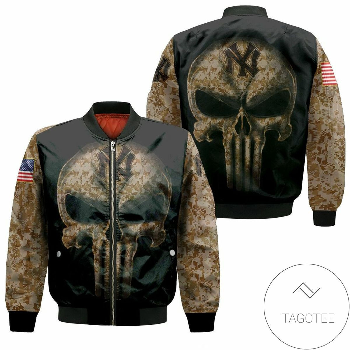 New York Yankees Camouflage Skull American Flag Bomber Jacket