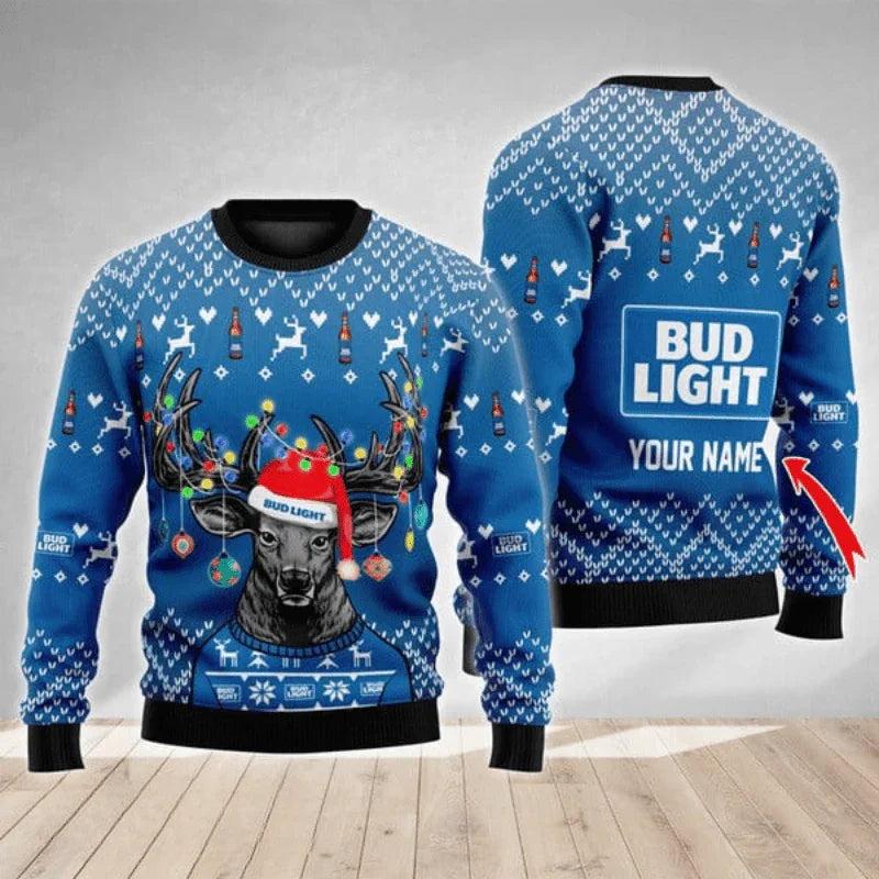 Personalized Bud Light Christmas Reindeer String Lights Ugly Christmas Sweater