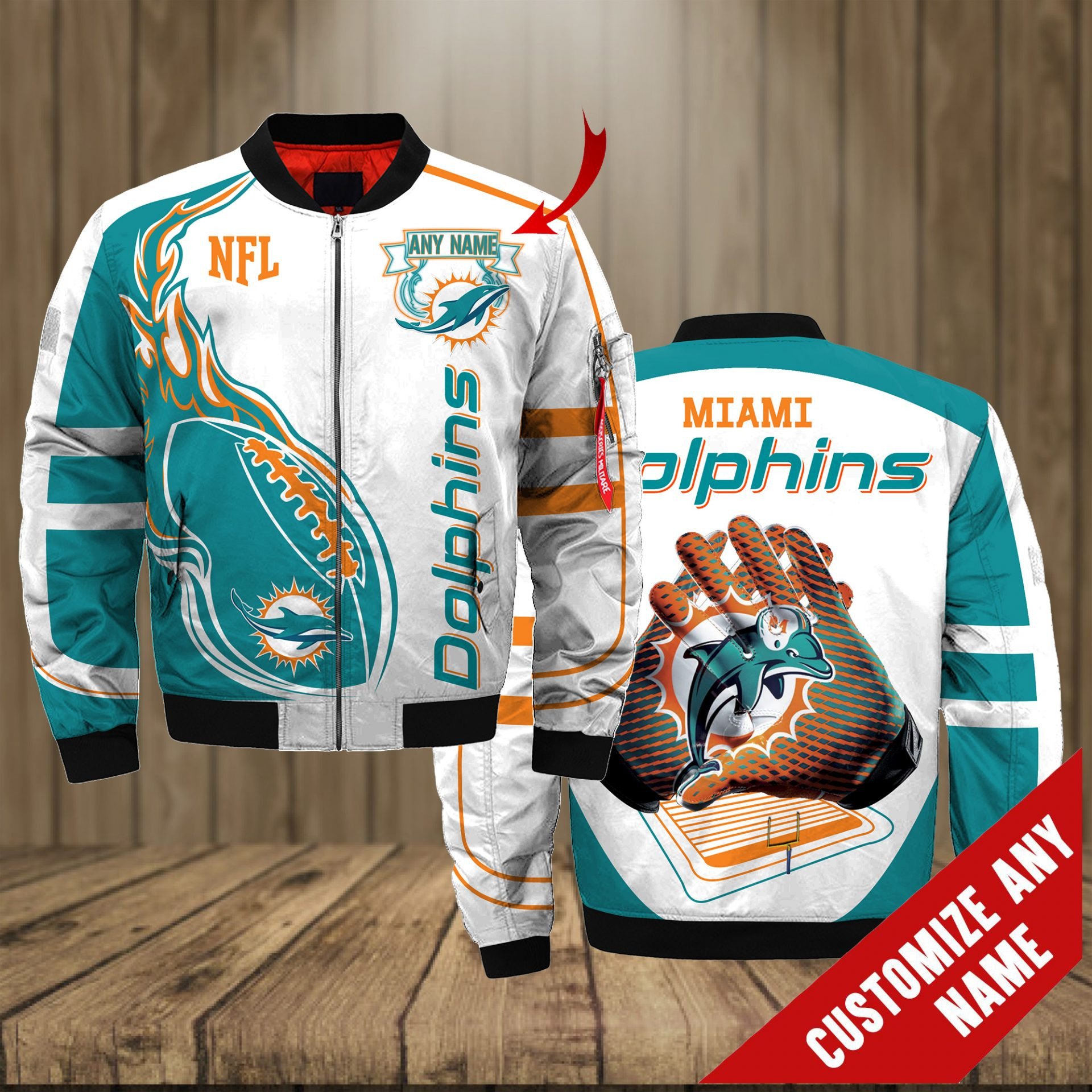 Miami Dolphins Custom Name White Aqua Bomber Jacket