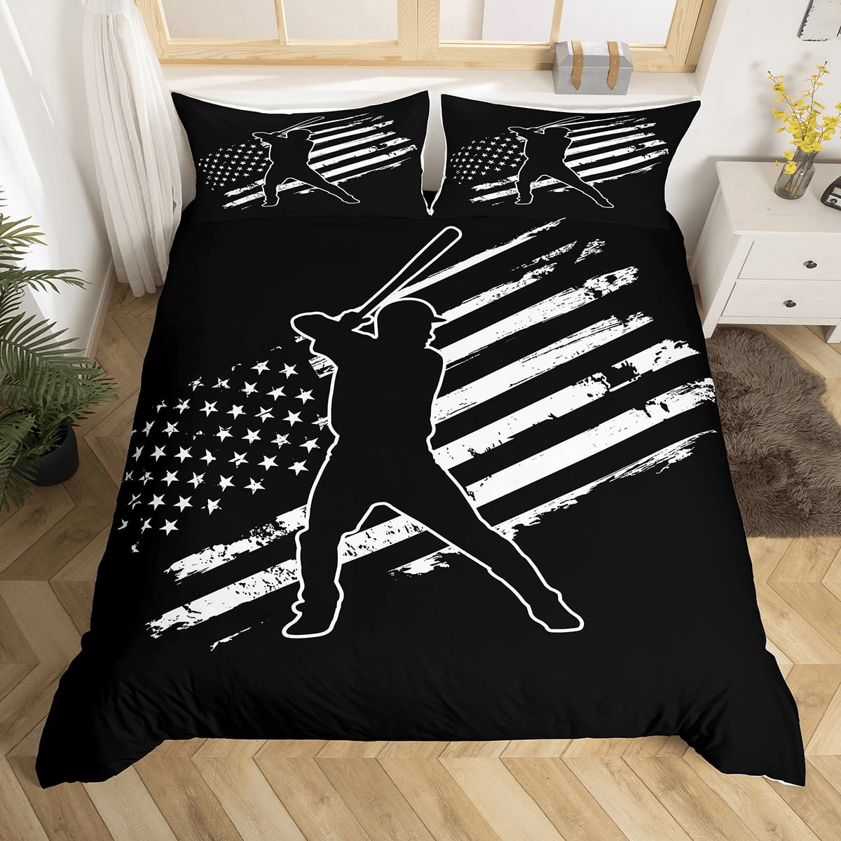 Baseball Bedding Set American Flag Grunge Baseball Player Duvet Covers