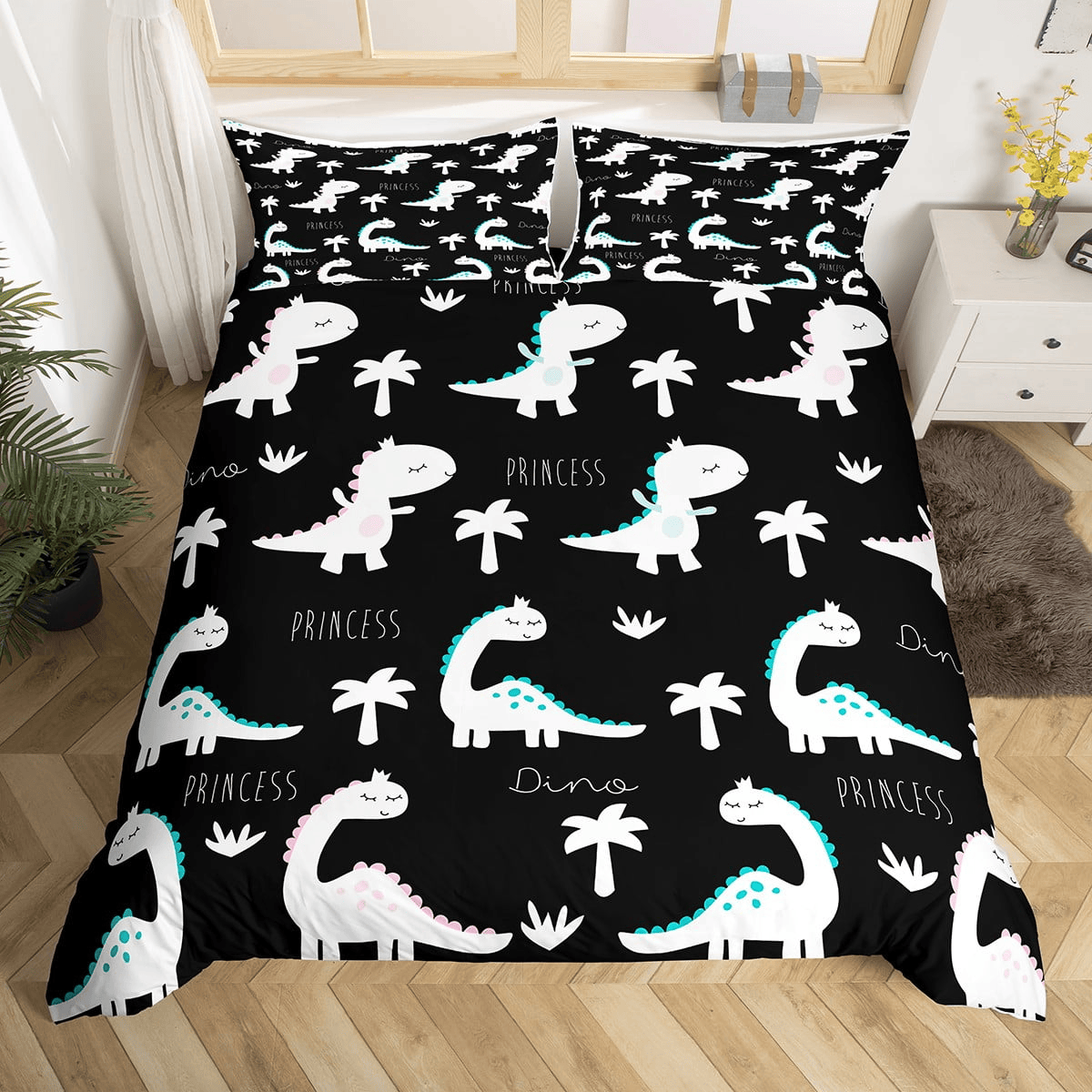 Dinosaur Bedding Set Princess Dinosaur Palm Trees Pattern Duvet Covers