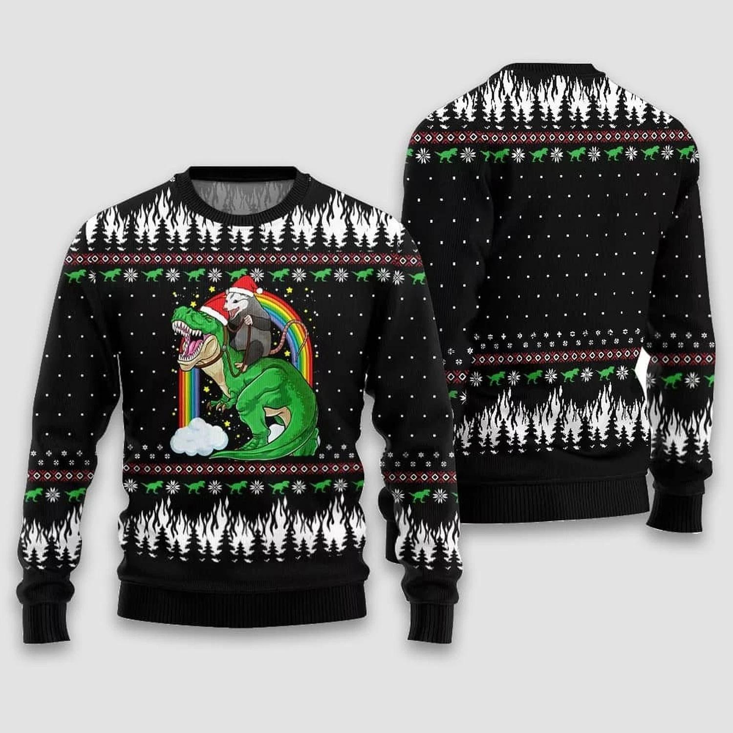 Opossum Riding Dinosaur Ugly Christmas Sweater