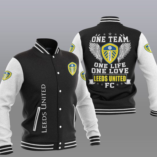 Leeds United One Team One Life One Love Black Baseball Jacket