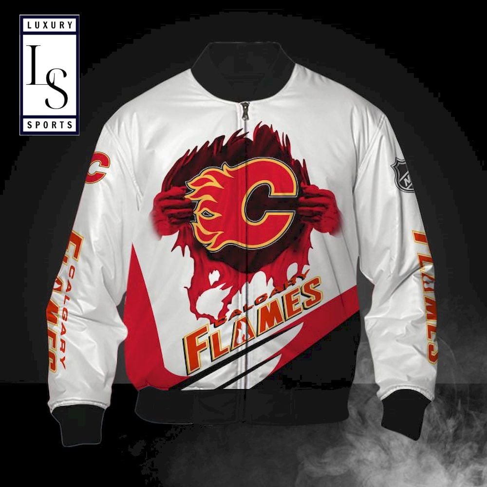 Calgary Flames White Red Logo Pulling Hand Bomber Jacket