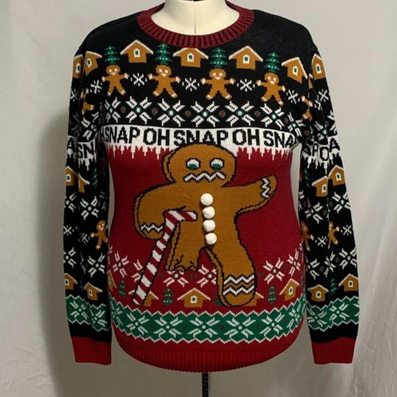 Oh Snap Gingerbread Man Candy Cane Crutch Ugly Christmas Sweater
