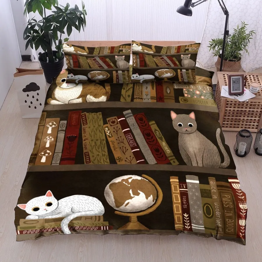 Book Bedding Set Cat Book Earth Globe Pattern Duvet Covers