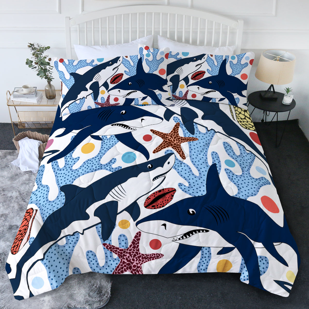 Shark Bedding Set Shark Starfish Coral Pattern Duvet Covers White