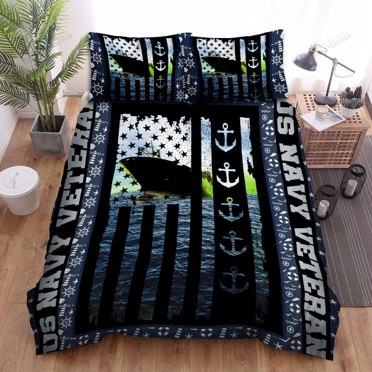 Veteran Bedding Set US Navy Veteran Ship American Flag Duvet Covers Black