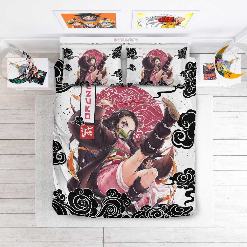 Demon Slayer Bedding Set Nezuko Kamado Fighting Scene Duvet Covers Pink