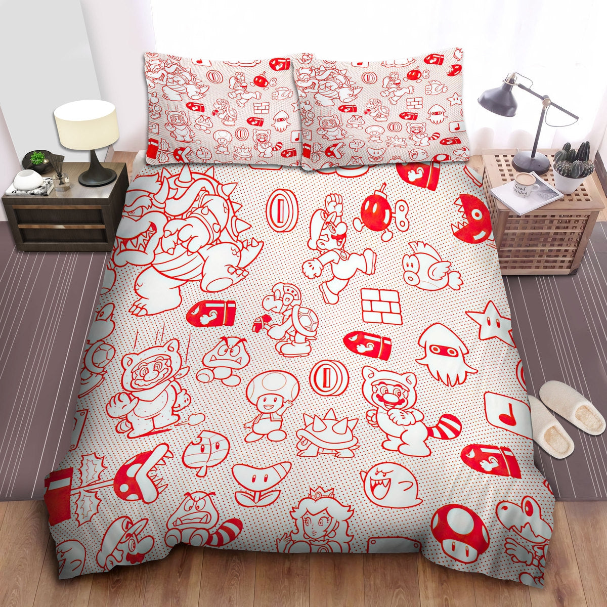 Mario Bedding Set Super Mario Red Line Drawing Characters Pattern Duvet Covers