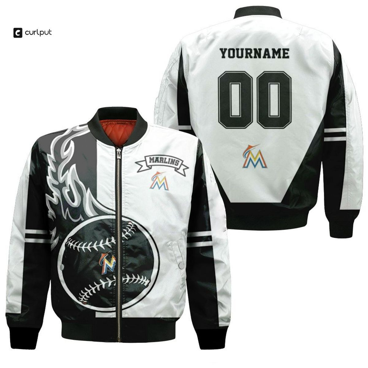 Miami Marlins Custom Name Number White Black Bomber Jacket